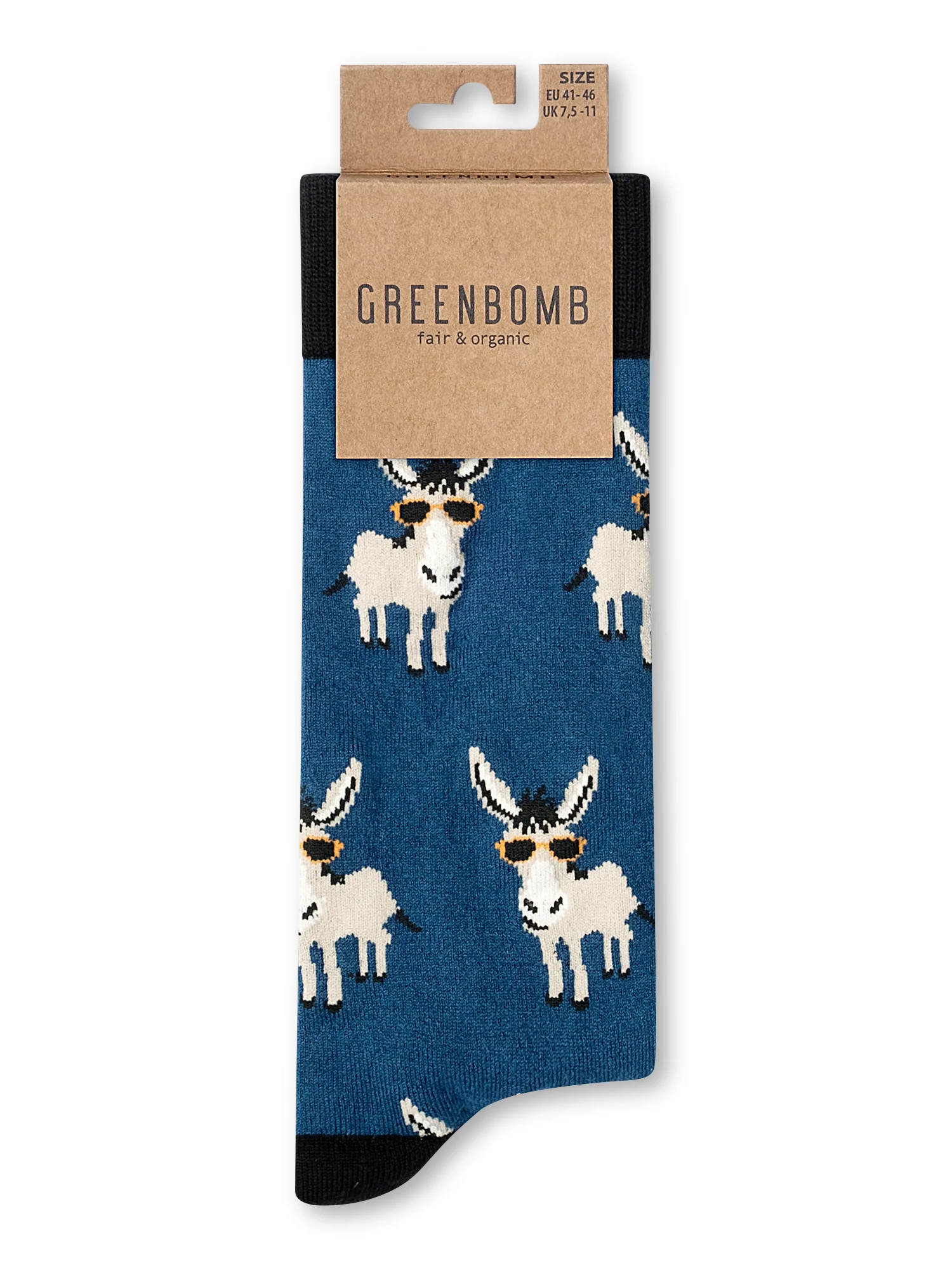 Chaussettes en coton bio GREENBOMB, motif ânes en lunettes, détail du motif