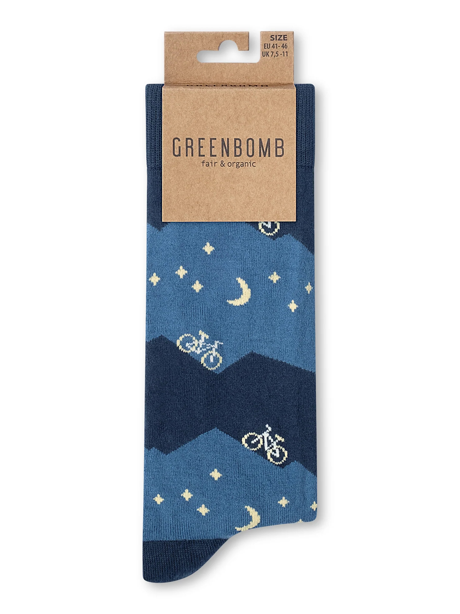 Chaussettes en coton bio GREENBOMB, motif vélo et phare, détail du motif