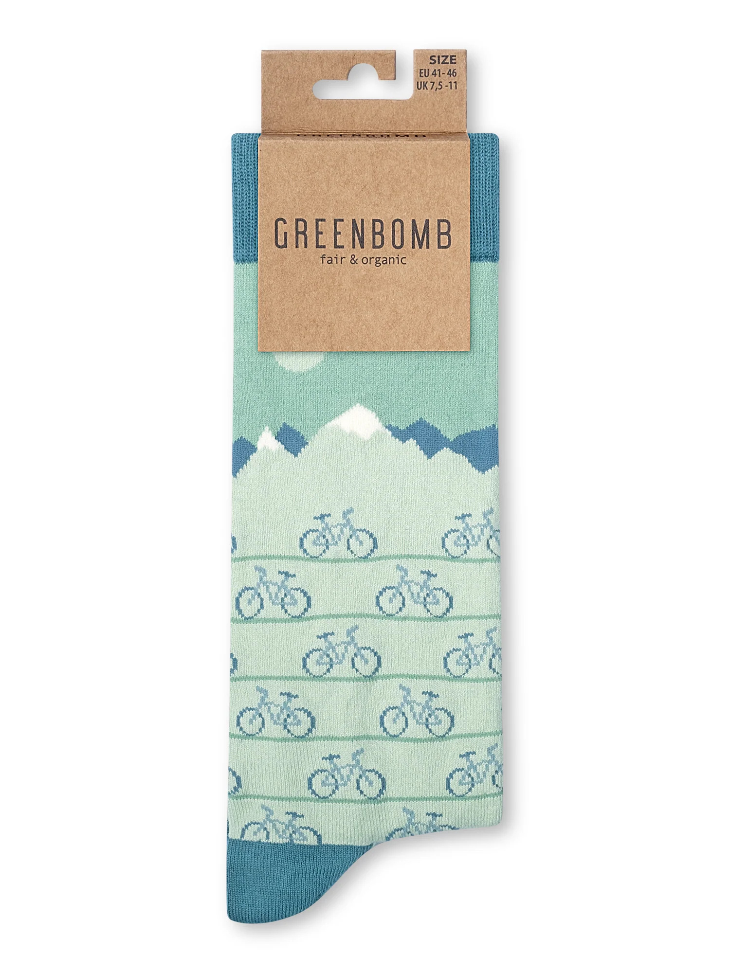 Chaussettes en coton bio GREENBOMB, motif VTT et montagnes, détail du motif