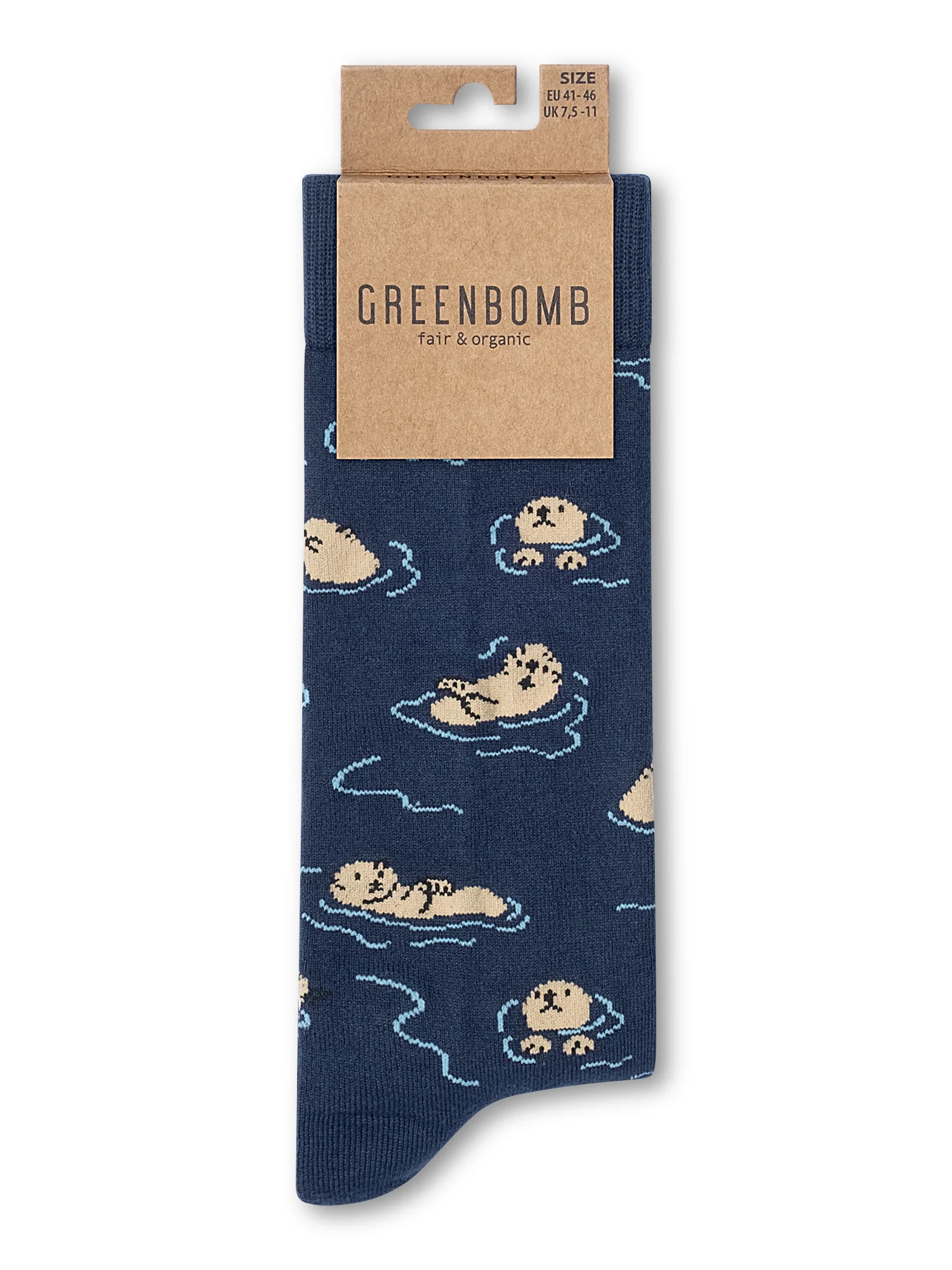 Chaussettes en coton bio GREENBOMB, motif loutres et vagues, détail du motif