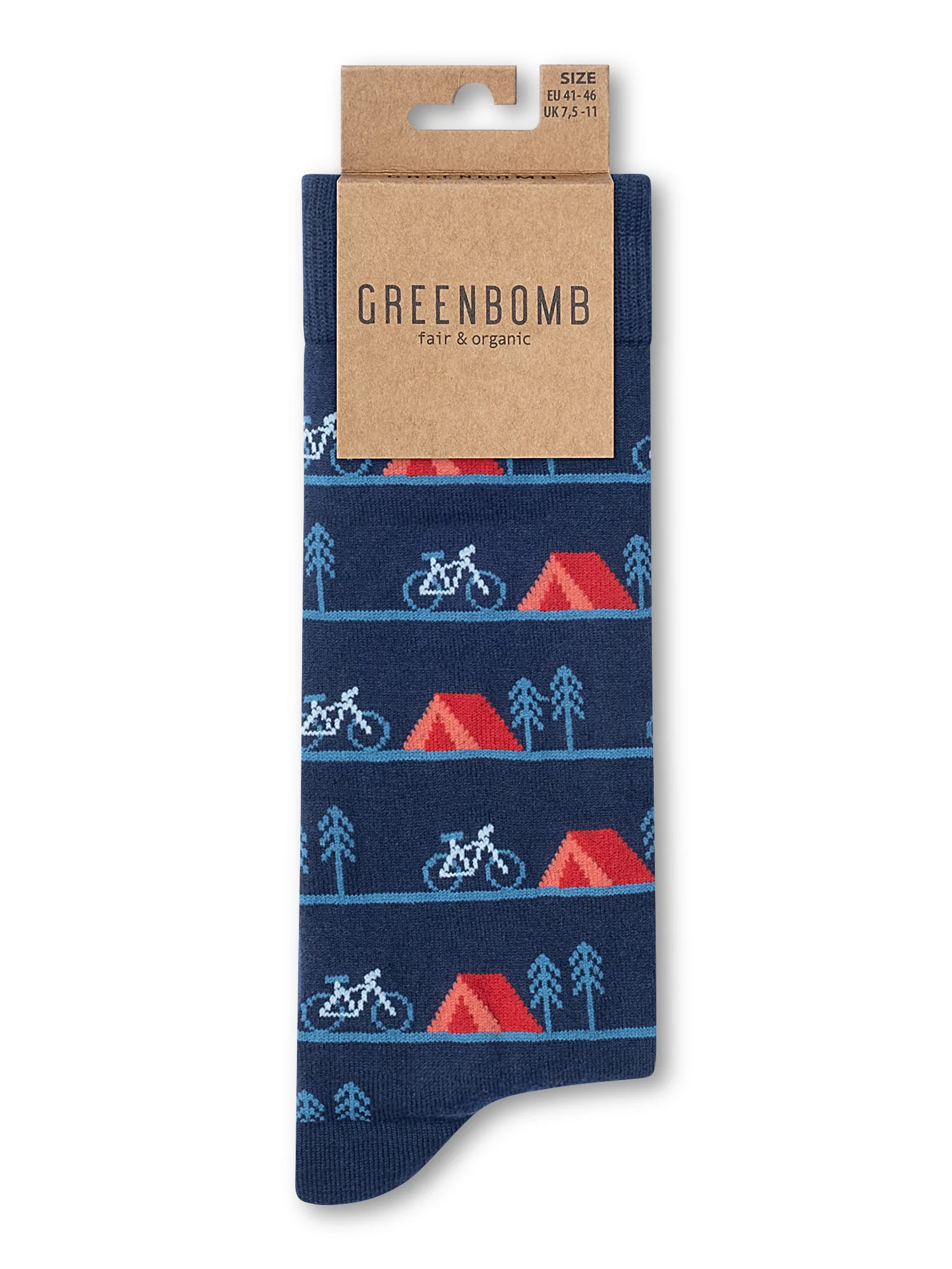 Chaussettes en coton bio GREENBOMB, motif tentes et sapins, détail du motif