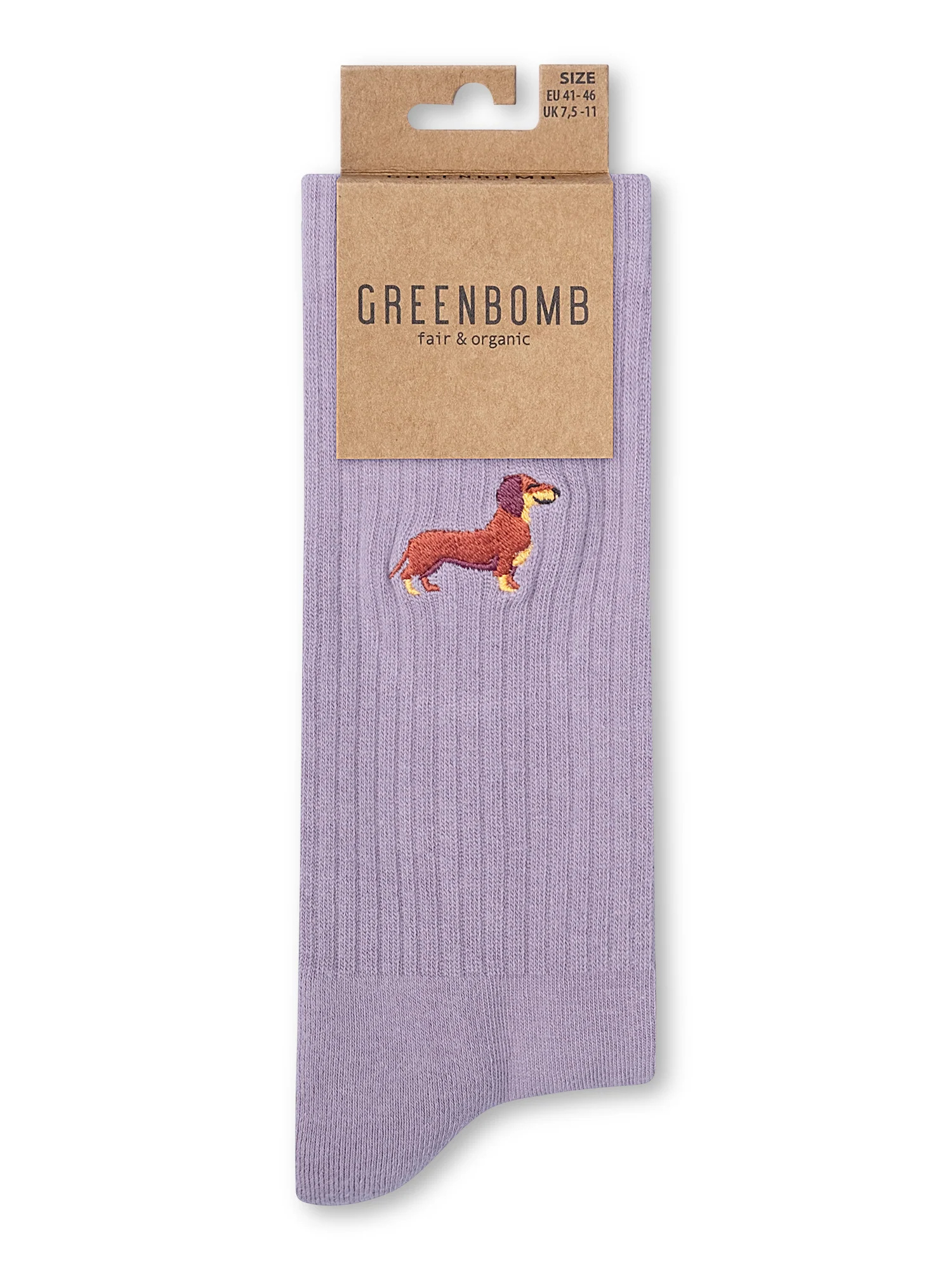 Chaussettes tennis en coton bio GREENBOMB, teckel brodé sur fond lilas, détail du motif