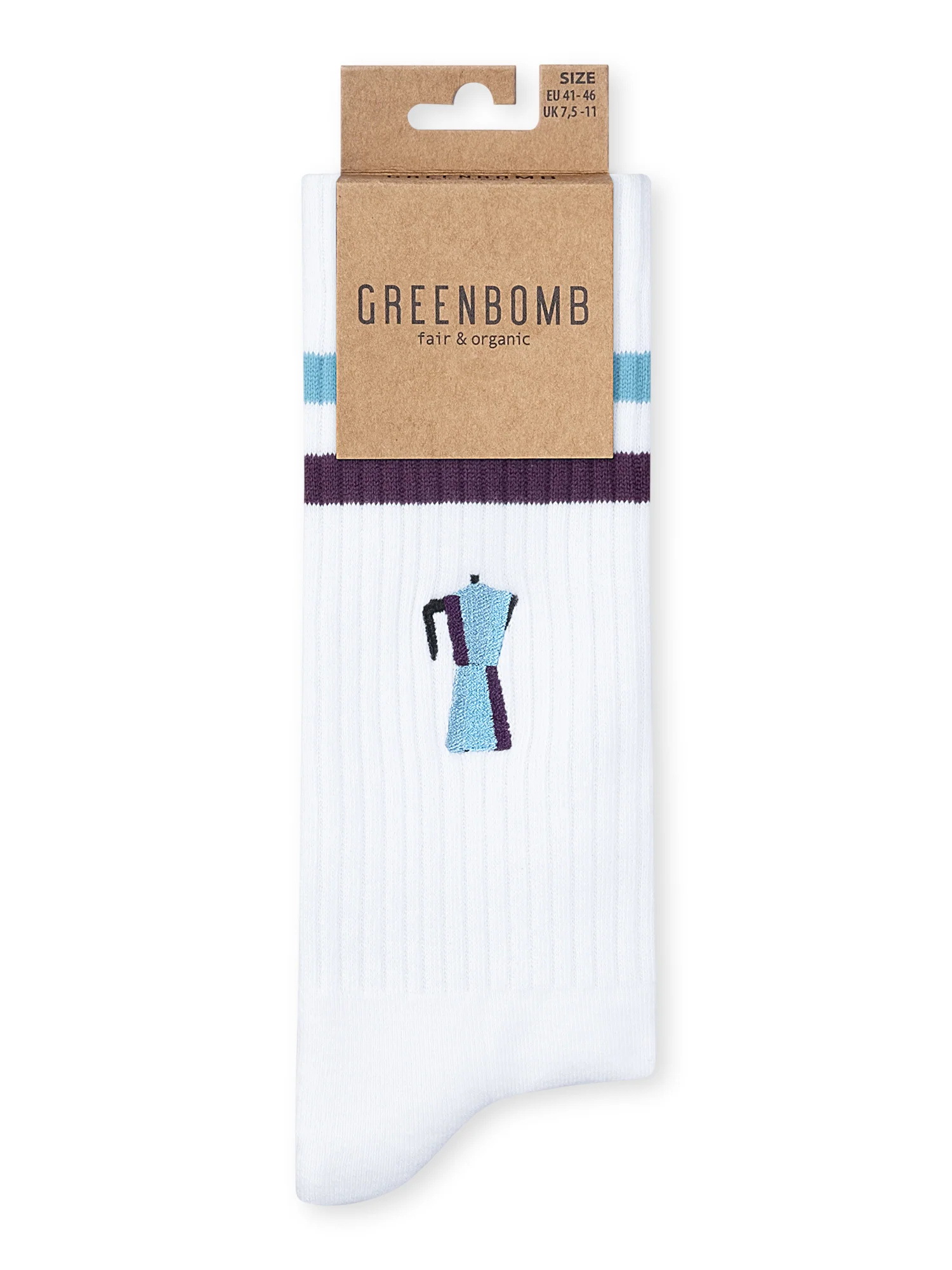 Chaussettes tennis en coton bio GREENBOMB, cafetière espresso brodée, détail du motif