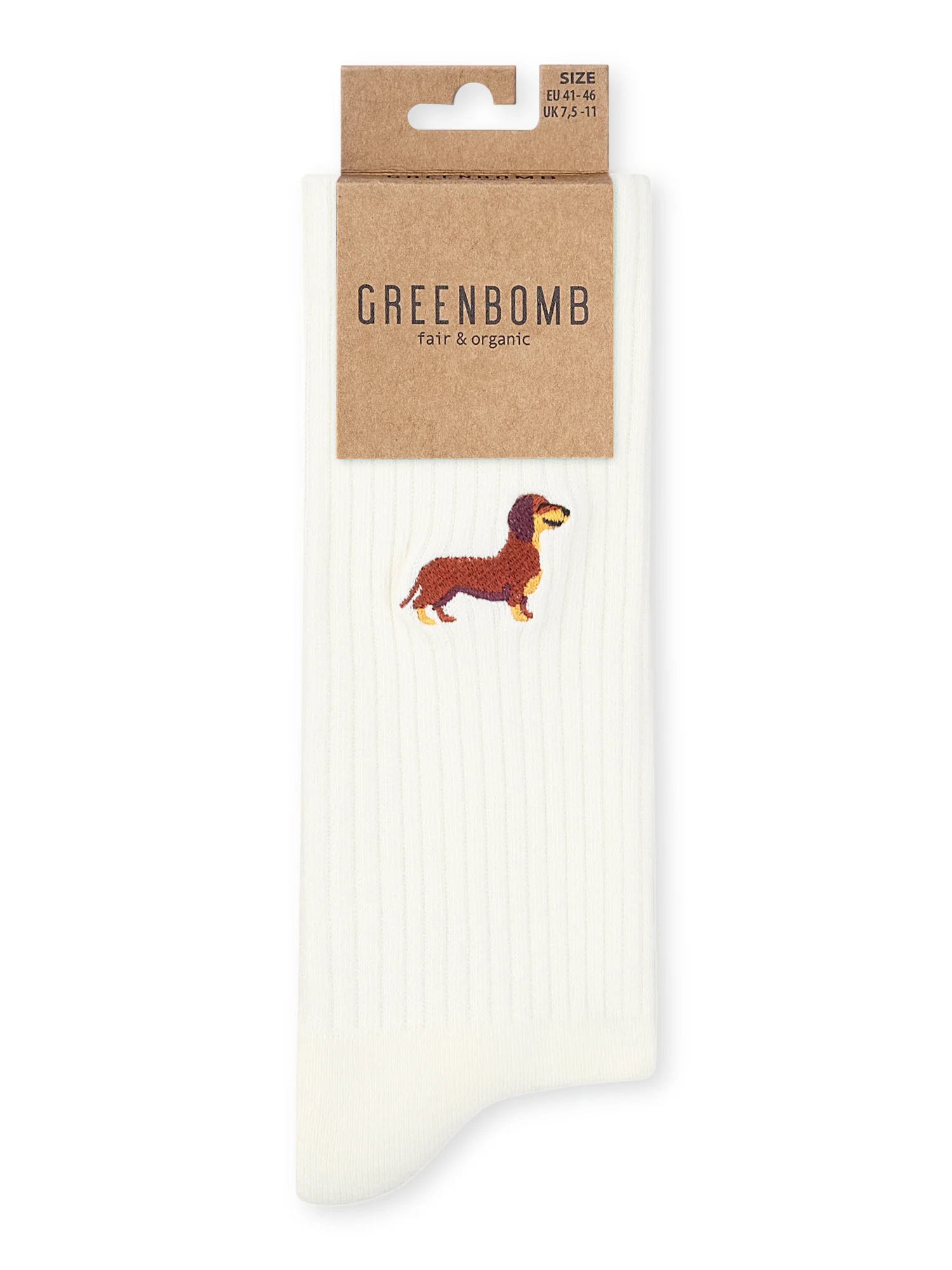 Chaussettes tennis en coton bio GREENBOMB, teckel brodé, coloris écru, détail du motif