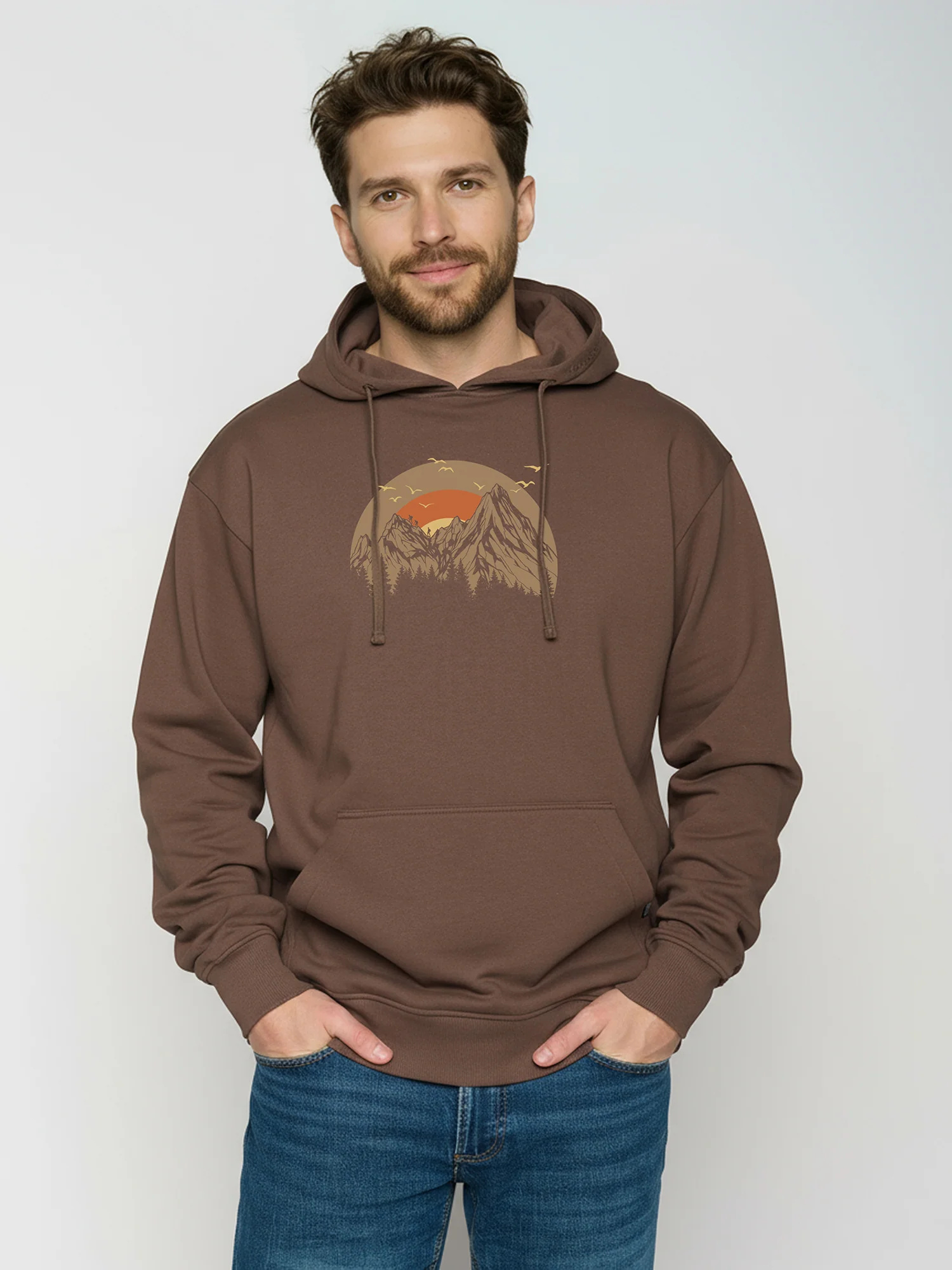 Sweat à capuche homme ample à motifs soleil et montagne « Peak Circle » - coton bio