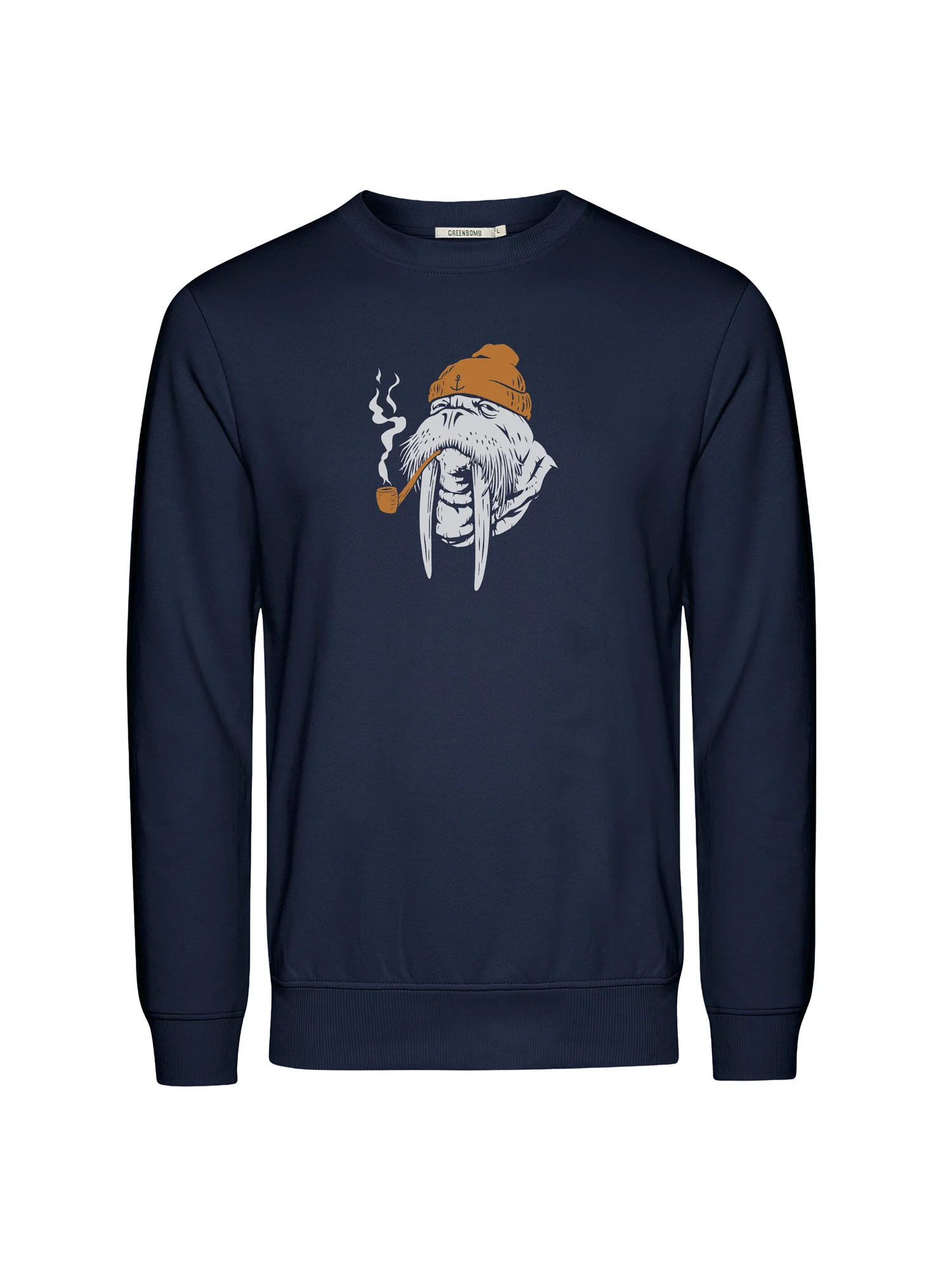 sweat homme GREENBOMB en coton bio dans son emballage, bleu marine