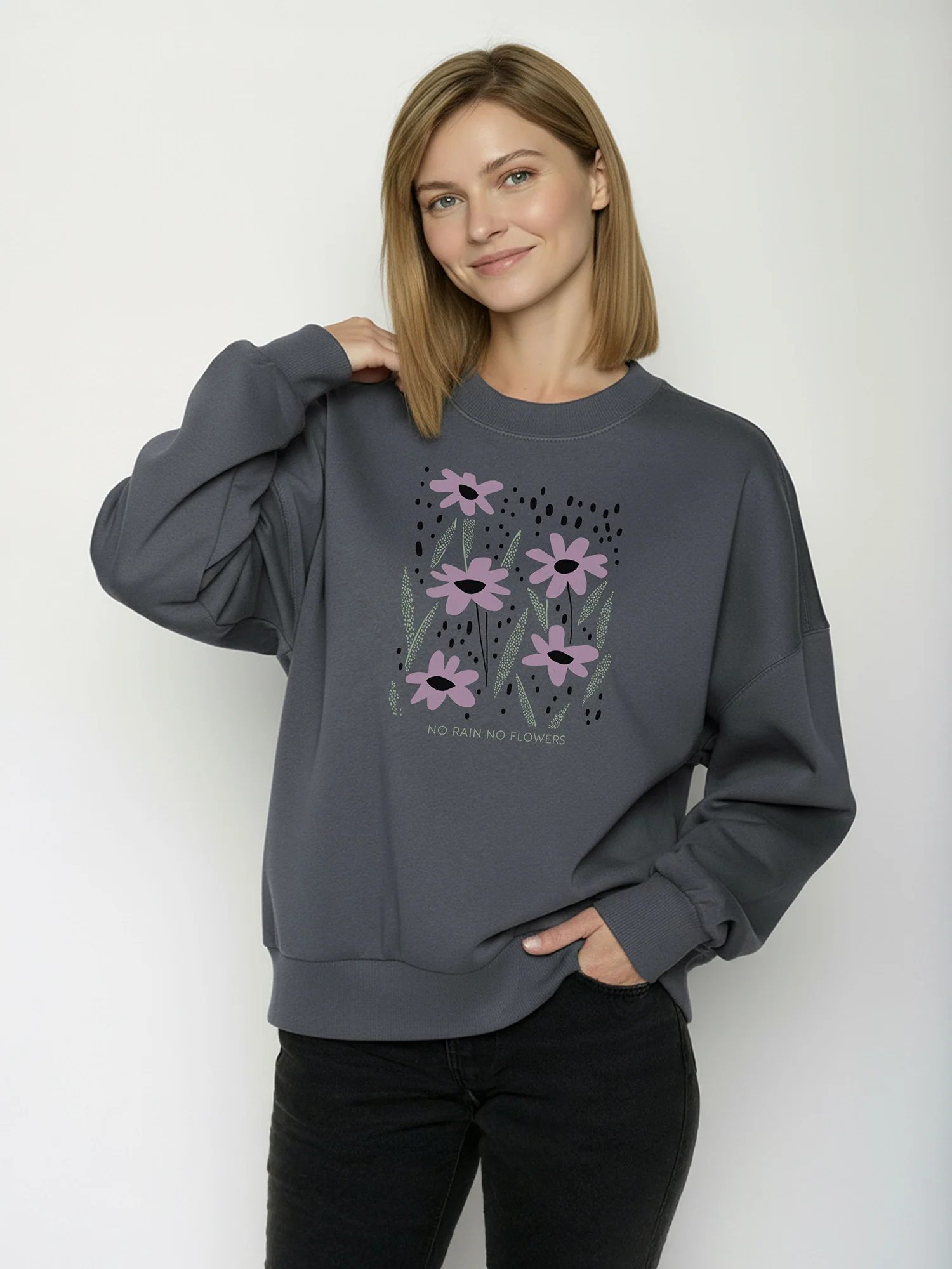 Sweat femme ample à motifs fleurs « No Rain No Flowers » - coton bio