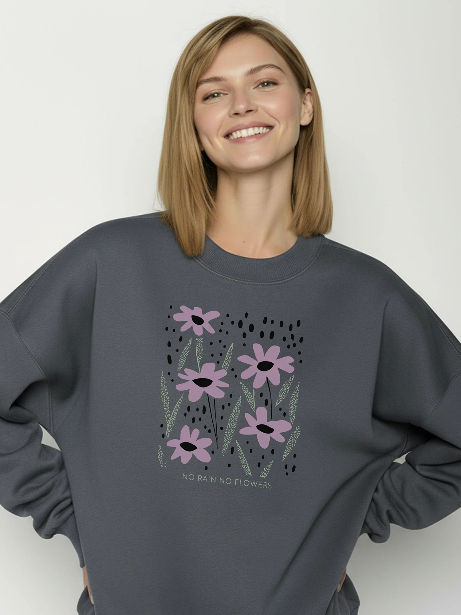 sweat femme en coton bio GOTS, détail du motif, gris gravier