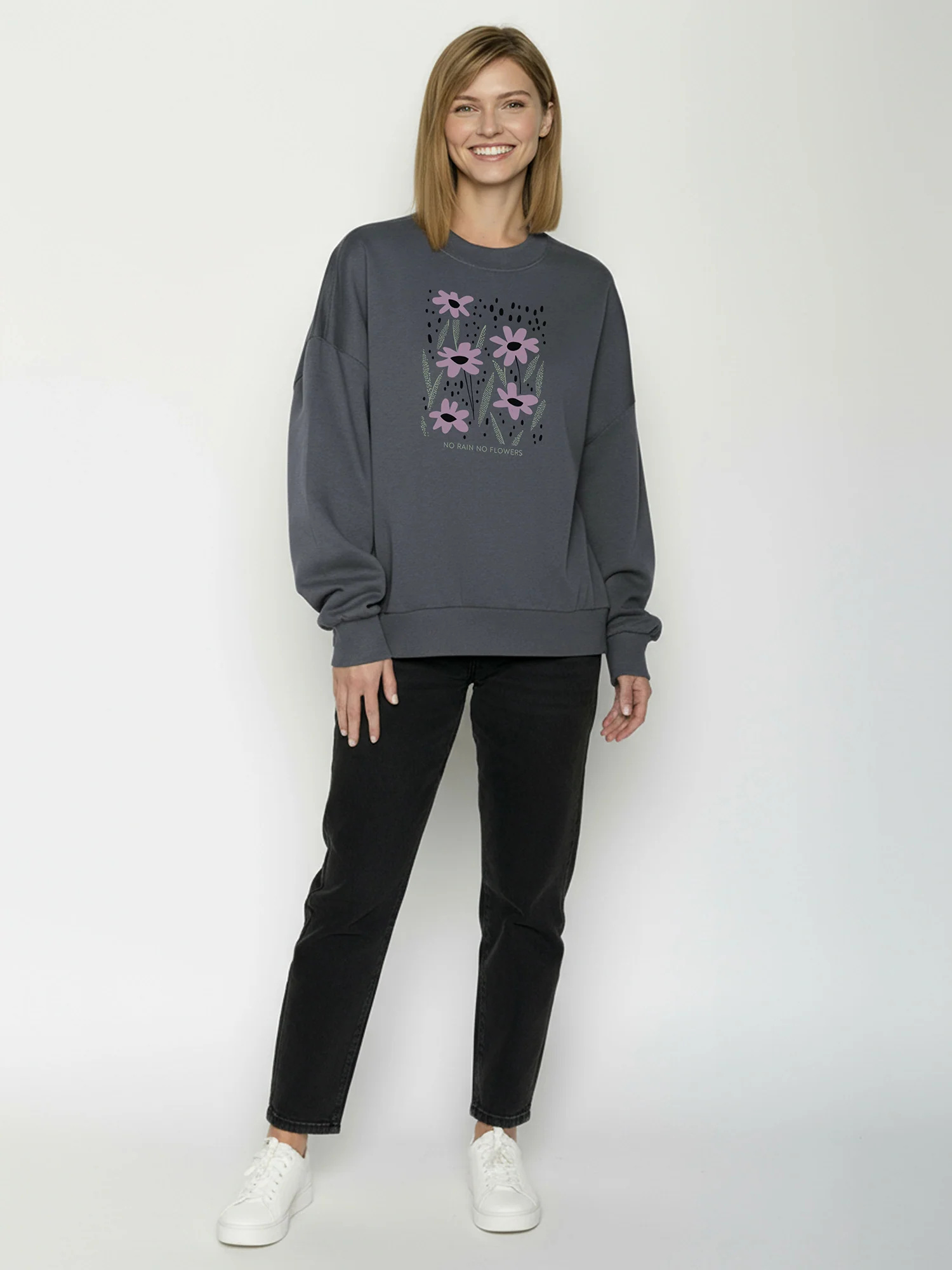 sweat femme GREENBOMB en coton bio, porté de dos, gris gravier