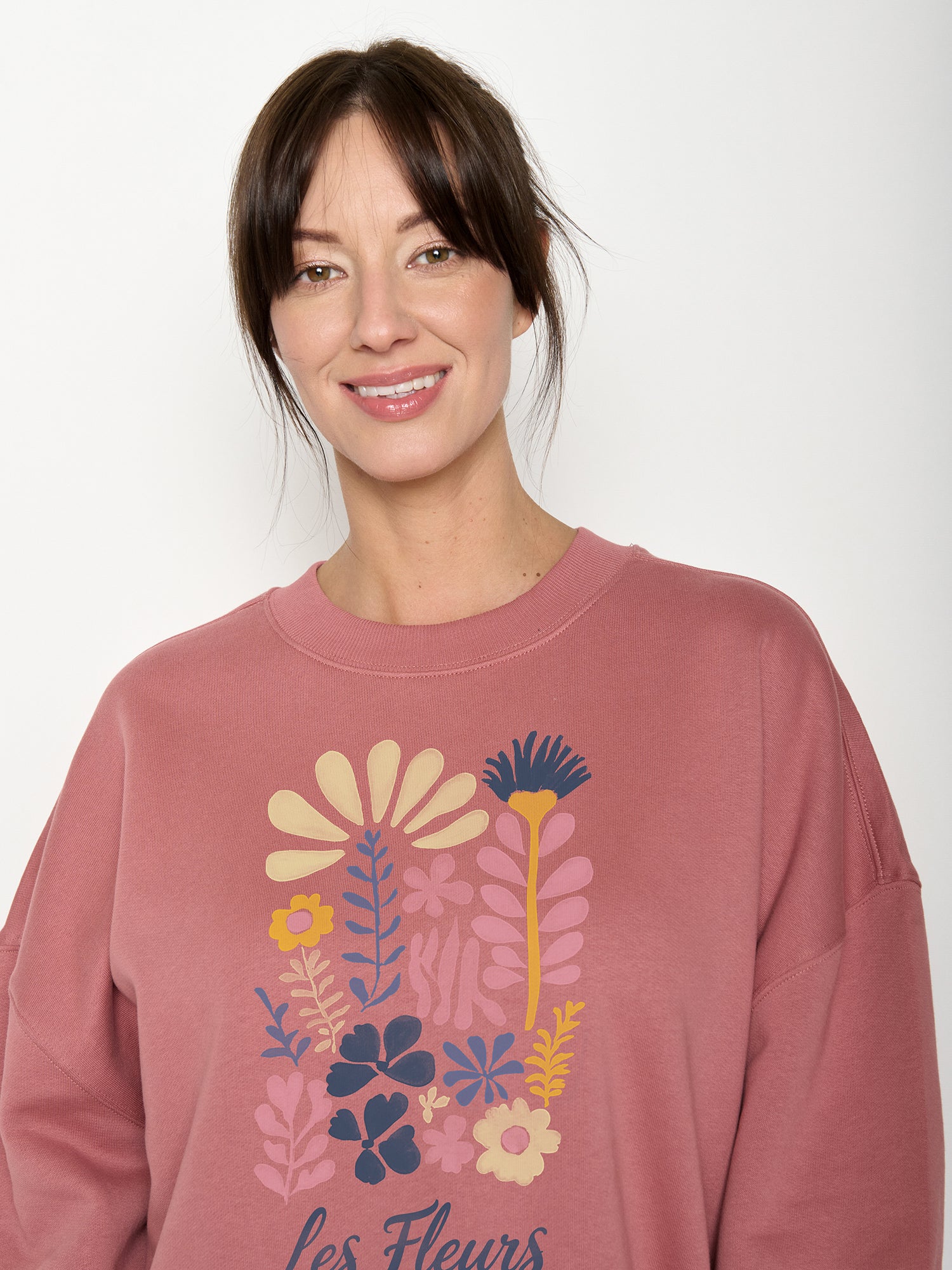 sweat femme en coton bio GOTS, détail du motif, rose foncé