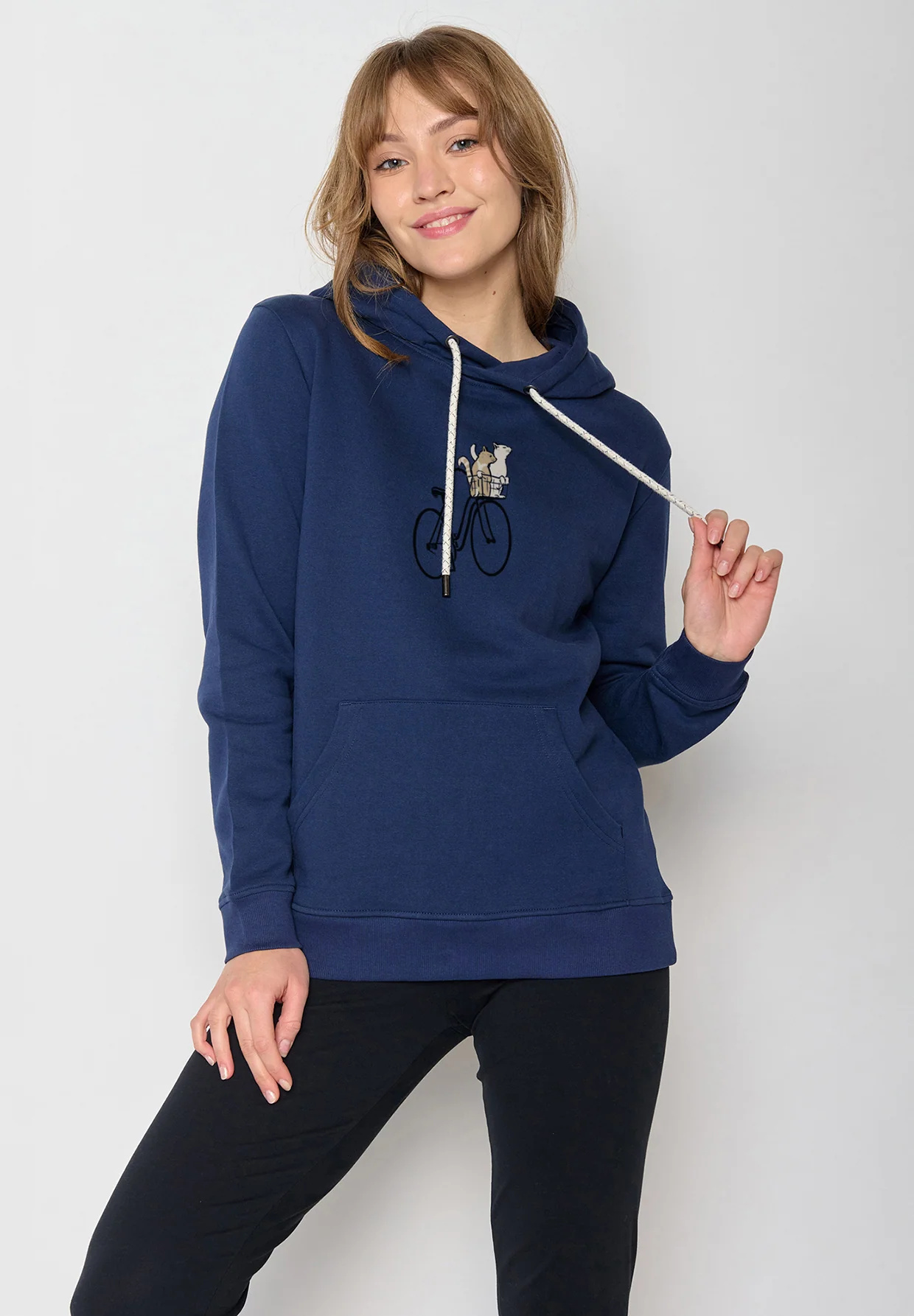 Sweat à capuche femme à motifs chats dans le panier du vélo - coton bio