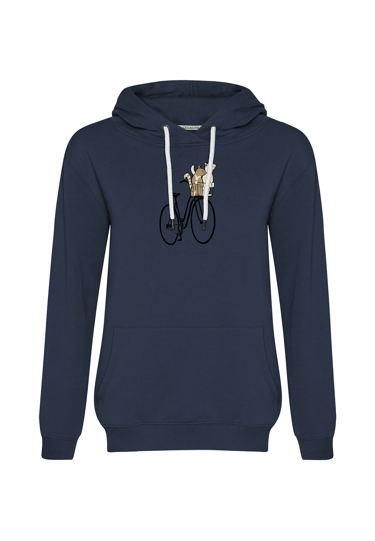 sweat à capuche femme GREENBOMB en coton bio dans son emballage, bleu marine