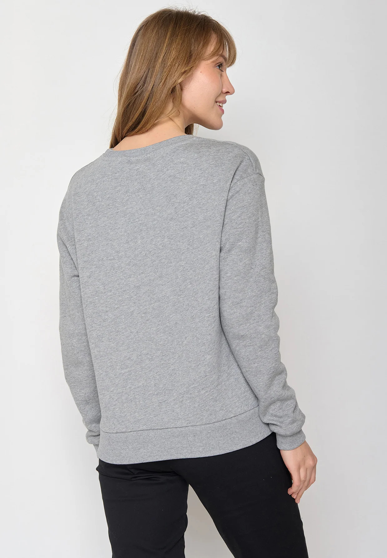 sweat femme GREENBOMB en coton bio, porté de dos, gris chiné