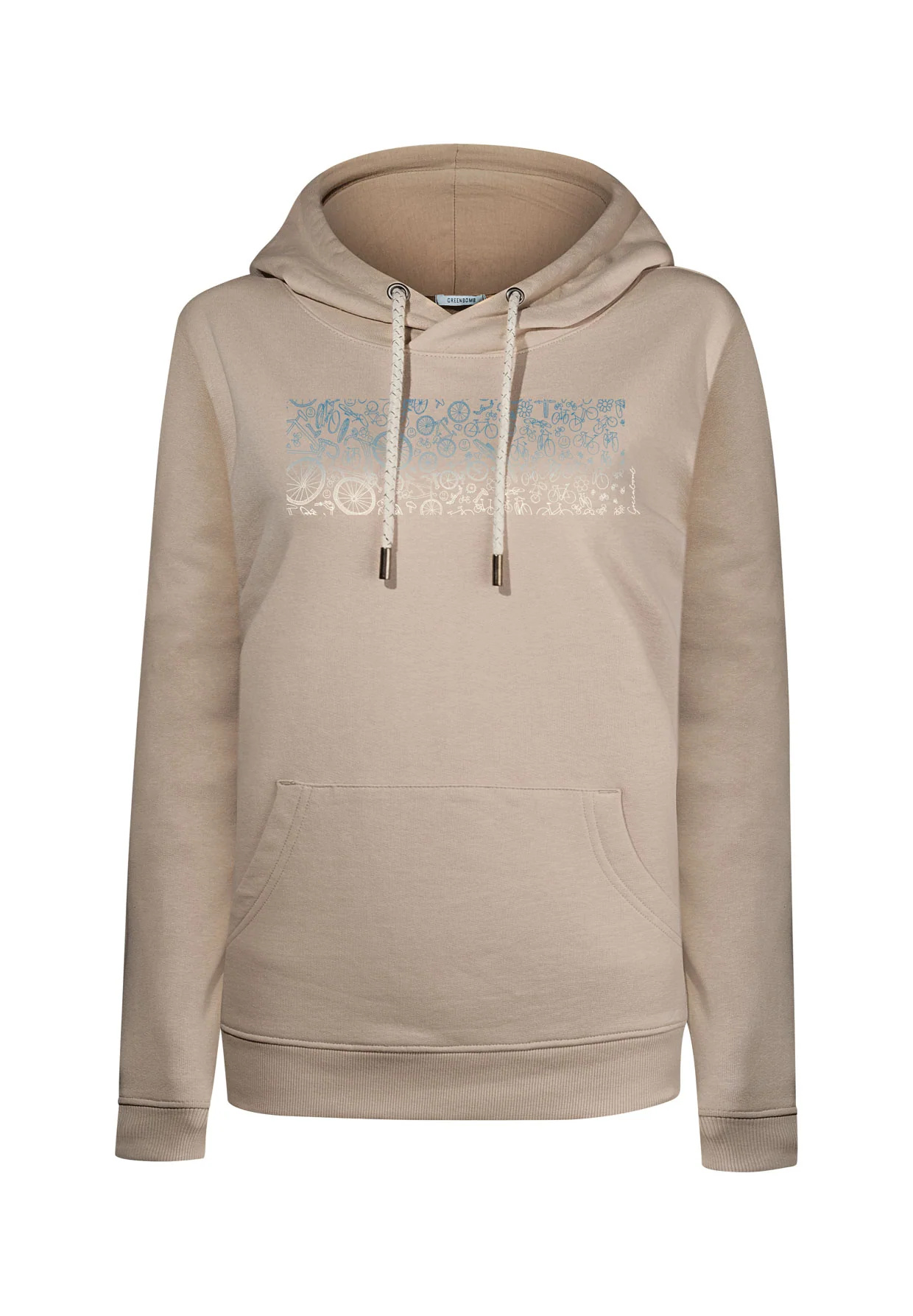 sweat à capuche femme en coton bio, vue portée en pied, beige latte