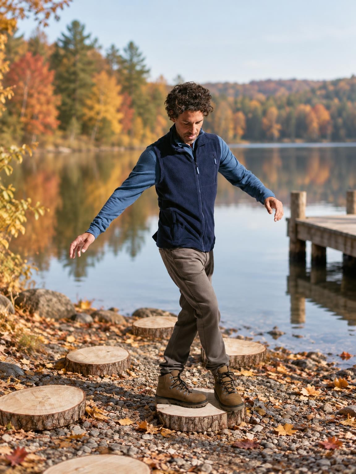 Gilet polaire Beppo en coton biologique au bord d'un lac automnal - nouveauté Automne-Hiver Living Crafts