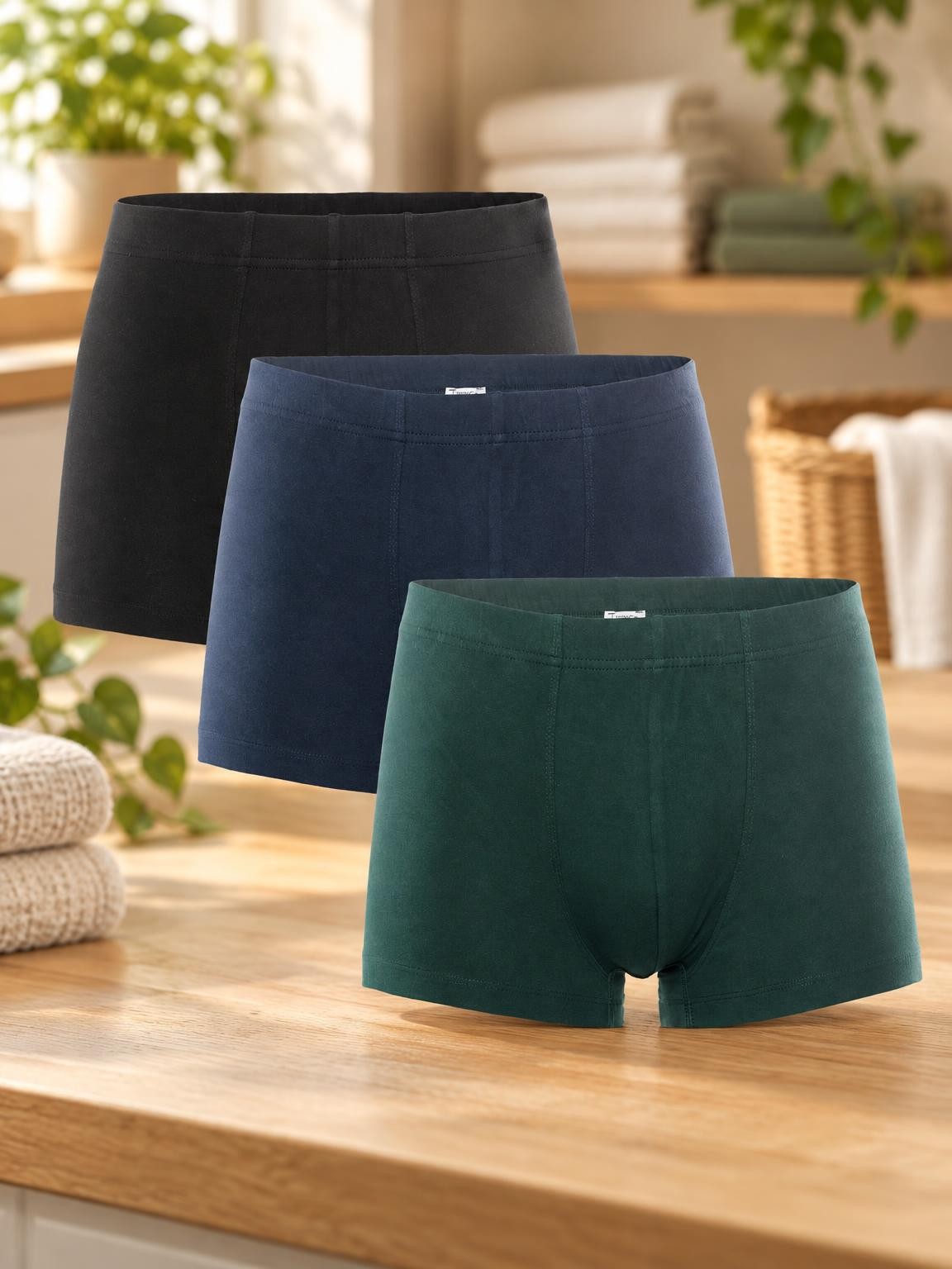 Pack de 3 boxers Sagon en coton bio dans une buanderie en lin - sous-vêtements bio Ecoline