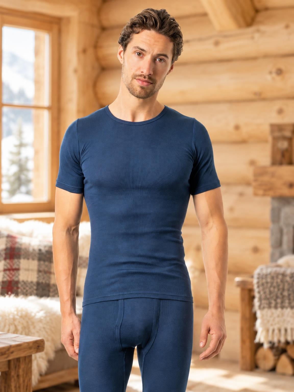 Maillot manches courtes Jacob en coton bio porté dans un chalet en rondins de bois clair - sous-vêtements bio Ecoline