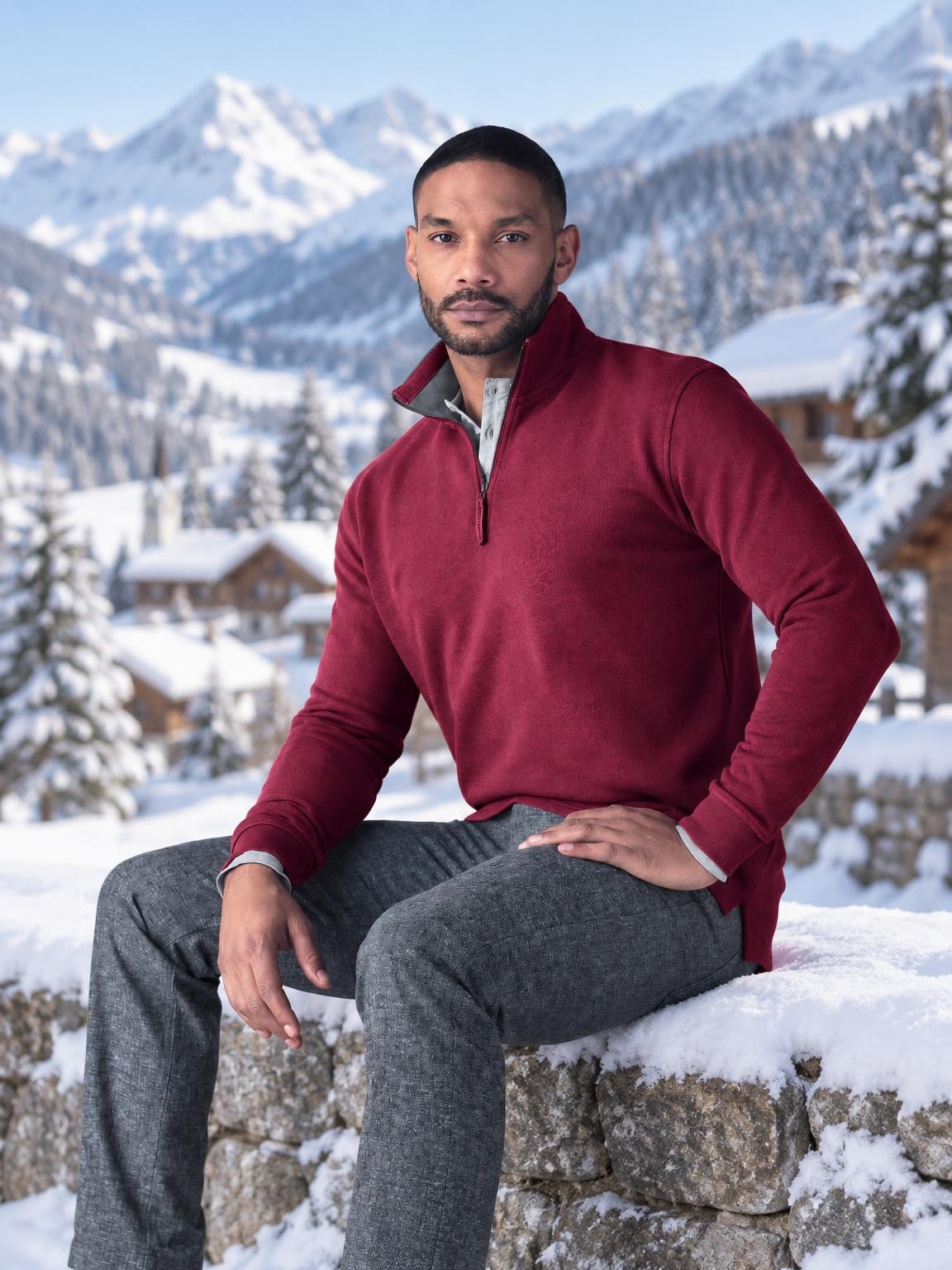 Troyer pour homme 834 en chanvre et coton bio porté dans un village de montagne enneigé - Ecoline