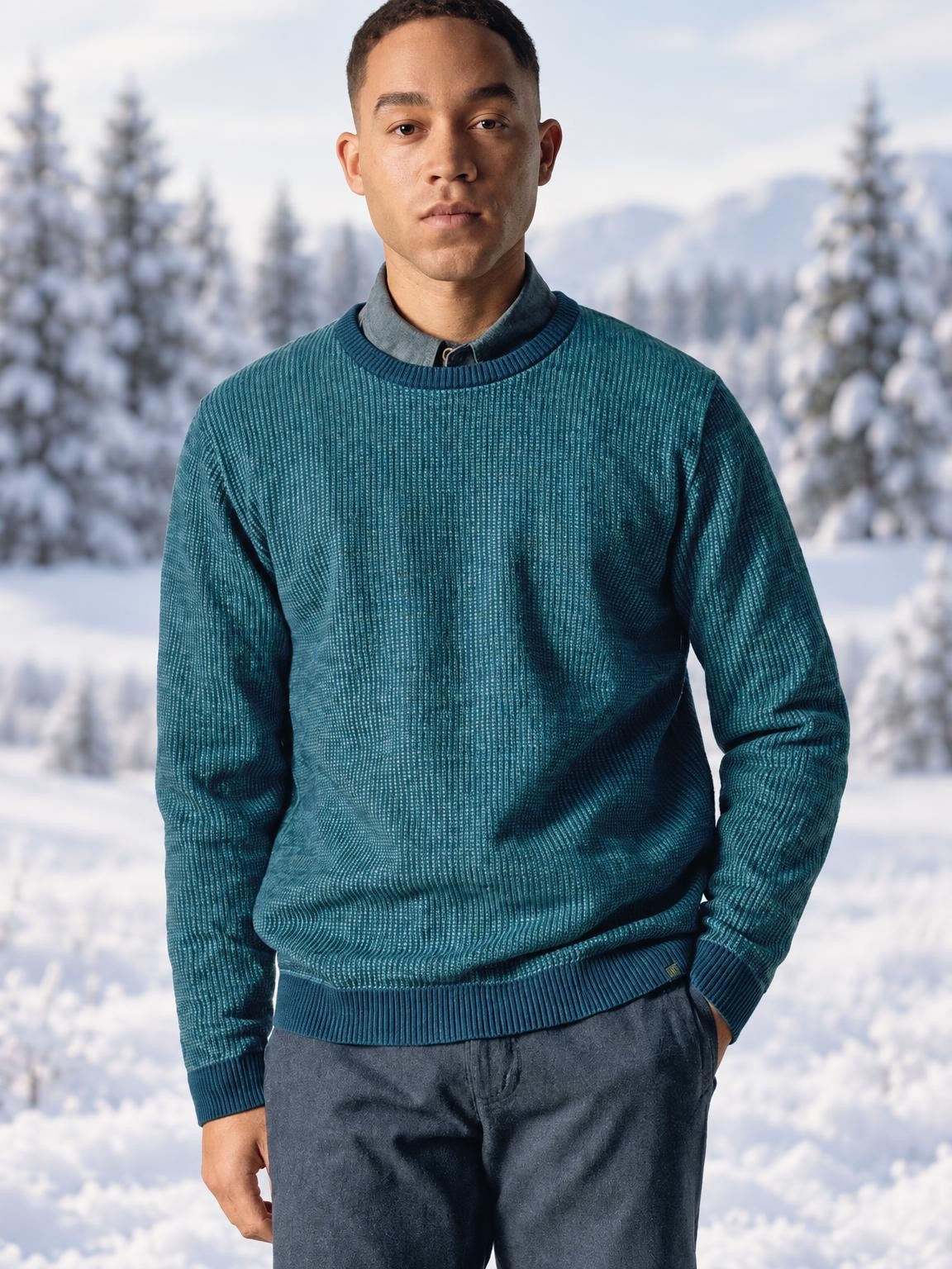 Pull bicolore 346 en chanvre et coton bio porté dans un champ enneigé aux pins givrés - vêtements chanvre bio Ecoline