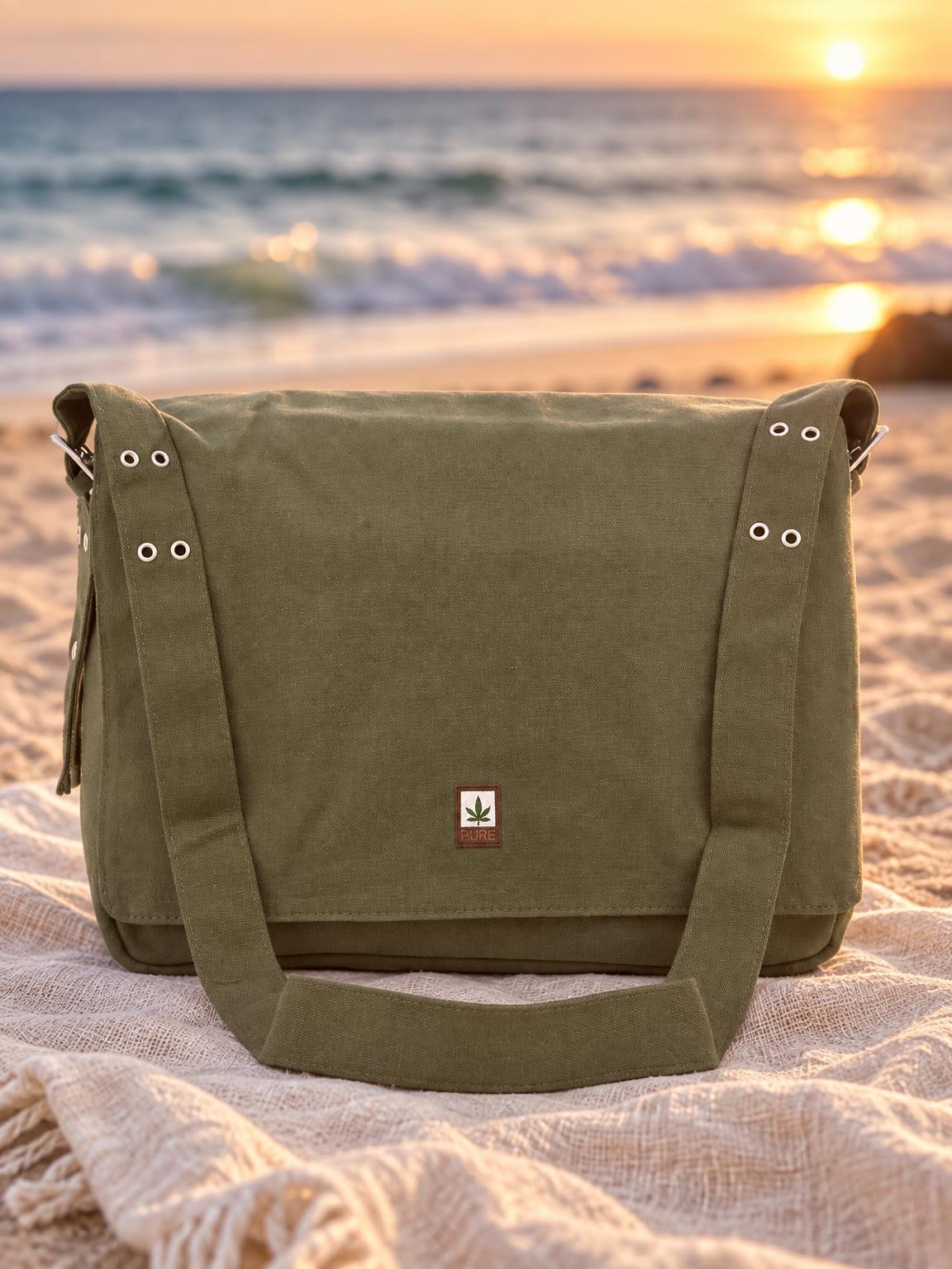 Besace grand format kaki en chanvre et coton bio - sacs chanvre Ecoline