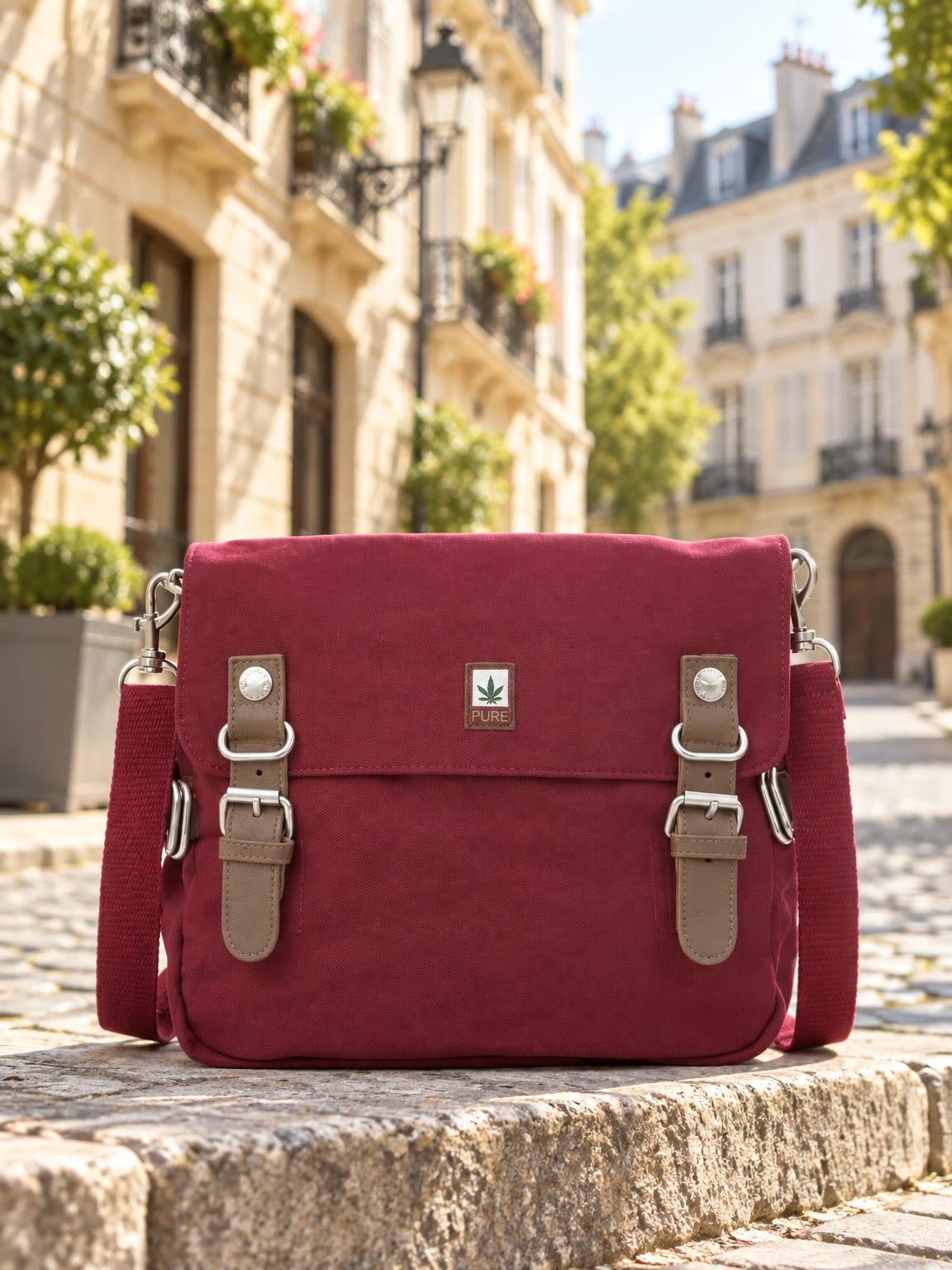 Sac bandoulière en chanvre et coton bio bordeaux porté à l'épaule - sacs chanvre Ecoline