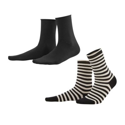 Lot de 2 paires de chaussettes Alexis en coton bio, noire unie et rayée noir et blanc, produit seul