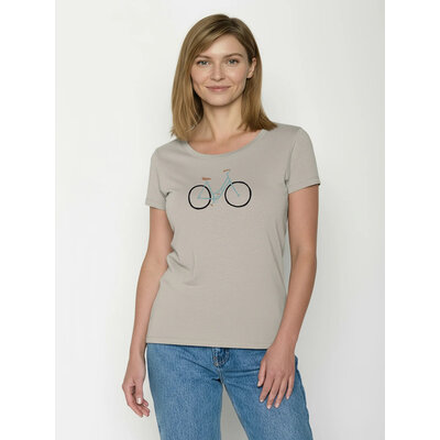 T-shirt femme cintré à motifs vélo dessiné à main levée en coton bio GOTS, beige grès, porté de face