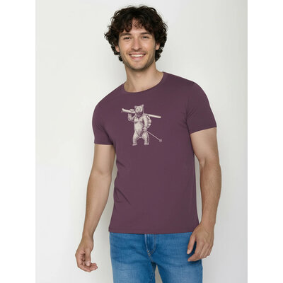 T-shirt homme ours skieur GREENBOMB en coton bio porté, coloris violet baie