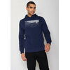 Sweat à capuche homme GREENBOMB en coton bio porté, motif côte et voilier, bleu marine