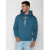 sweat à capuche homme GREENBOMB en coton bio porté, vélo de face façon tampon, guidon de course et pneus cratés, bleu marée