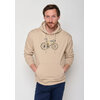 sweat à capuche homme GREENBOMB en coton bio porté, vélo de course au dossard 51, bidon sur le cadre, beige latte