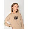 sweat femme GREENBOMB en coton bio porté, tente, sapins, vélo et oiseaux, beige latte
