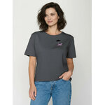 T-shirt femme ample à motifs chats Cat Walk en coton bio GOTS, gris gravier, porté de face