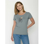 T-shirt femme cintré à motifs chat dans le panier de vélo en coton bio GOTS, gris fumée, porté de face