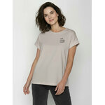 T-shirt femme coupe boxy à motifs chien et café « Dog Coffee » en coton bio GOTS, beige grès, porté de face