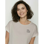 T-shirt femme motifs chien buvant son café GREENBOMB coton biologique, beige grès, détail du motif