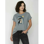 T-shirt femme coupe boxy à motifs chats Cat Vase en coton bio GOTS, gris fumée, porté de face