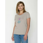 T-shirt femme cintré à motifs fleurs « Bloom Classic » en coton bio GOTS, beige grès, porté de face