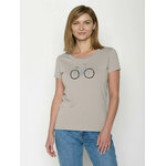 T-shirt femme cintré à motifs vélo dessiné à main levée en coton bio GOTS, beige grès, porté de face
