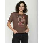 T-shirt femme à motifs fleurs GREENBOMB en coton bio, porté, coloris terre boisée