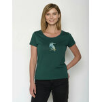 T-shirt femme à motifs oiseau GREENBOMB en coton bio, porté, coloris vert pétrole