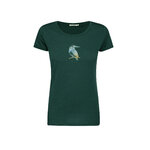 T-shirt femme à motifs oiseau en coton bio, vert pétrole, dans son emballage GREENBOMB