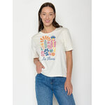 T-shirt femme à motifs fleurs GREENBOMB en coton bio, porté, coloris pierre de lune