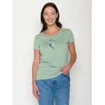 T-shirt femme à motifs oiseau GREENBOMB en coton bio, porté, coloris vert pâle