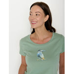 T-shirt femme à motifs oiseau en coton bio GOTS, vert pâle, détail du motif