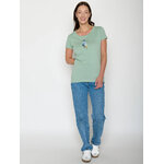 T-shirt femme à motifs oiseau en coton bio GOTS, vert pâle, porté de dos