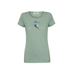 T-shirt femme à motifs oiseau en coton bio, vert pâle, dans son emballage GREENBOMB
