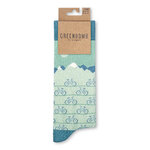 Chaussettes en coton bio GREENBOMB, motif VTT et montagnes, détail du motif