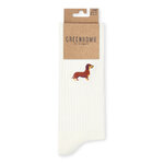 Chaussettes tennis en coton bio GREENBOMB, teckel brodé, coloris écru, détail du motif