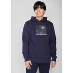 Sweat à capuche homme GREENBOMB en coton bio porté, motif promeneur et chien, bleu marine